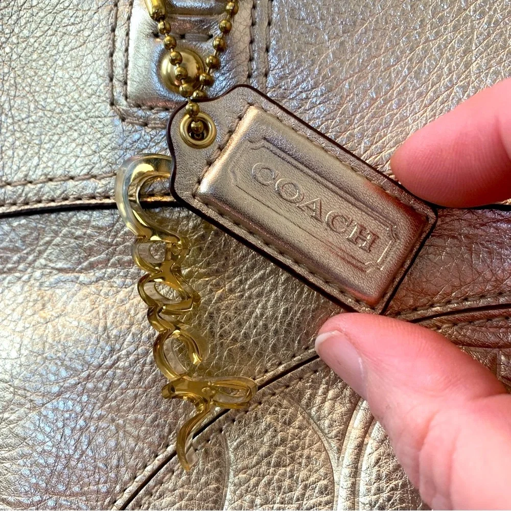 COACH Laura Leather Signature Print Tote Shoulder Bag Metallic Gold - Picture 5 of 16